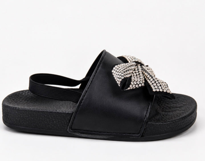 Black girls’ slider sandals with diamanté crystal bow detail and elastic back strap
