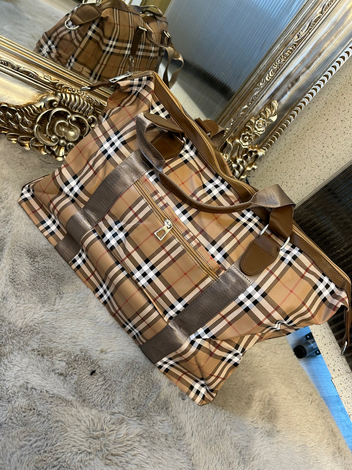 Brown checked detail, large holdall luggage travel bag with silver hardware