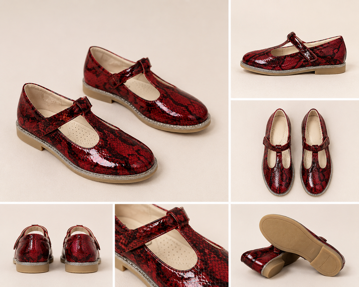 Red snakeskin-effect occasional shoes with glitter sole detail and fastening strap.