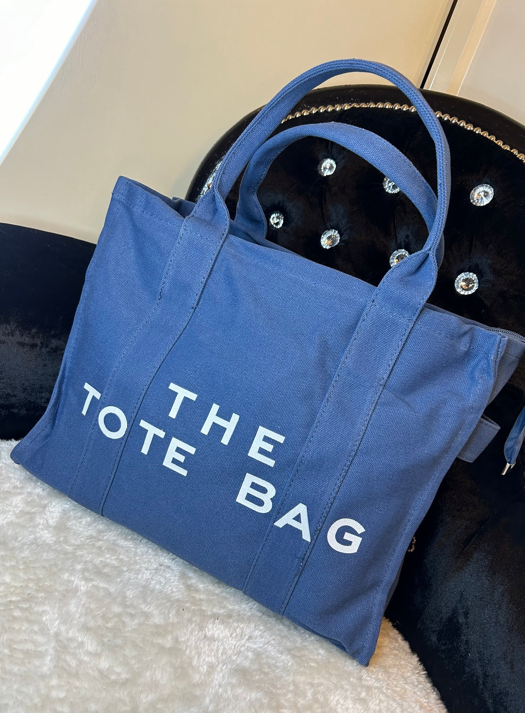 Blue canvas large tote bag with the text &