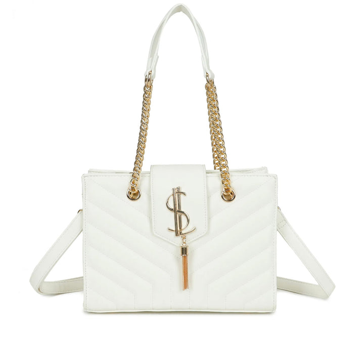 A white quilted shoulder bag with gold chain detail and a long adjustable removable crossbody strap 