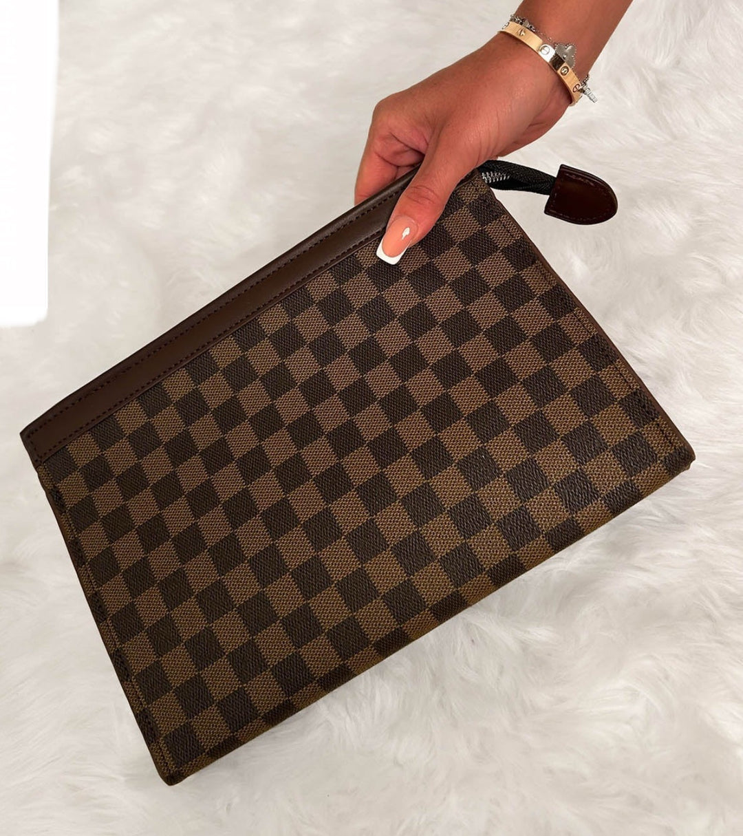 Unisex checkered brown print wash bag clutch bag with zip