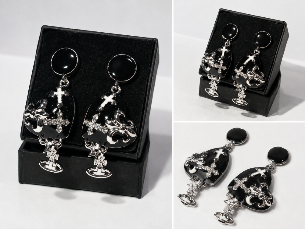 Black statement drop earrings with silver cross and charm detailing