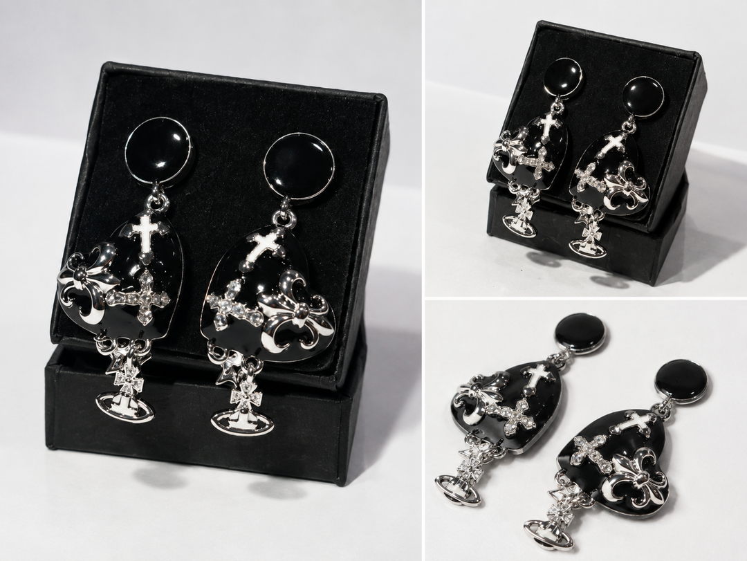 Black statement drop earrings with silver cross and charm detailing