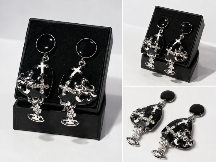 Black statement drop earrings with silver cross and charm detailing