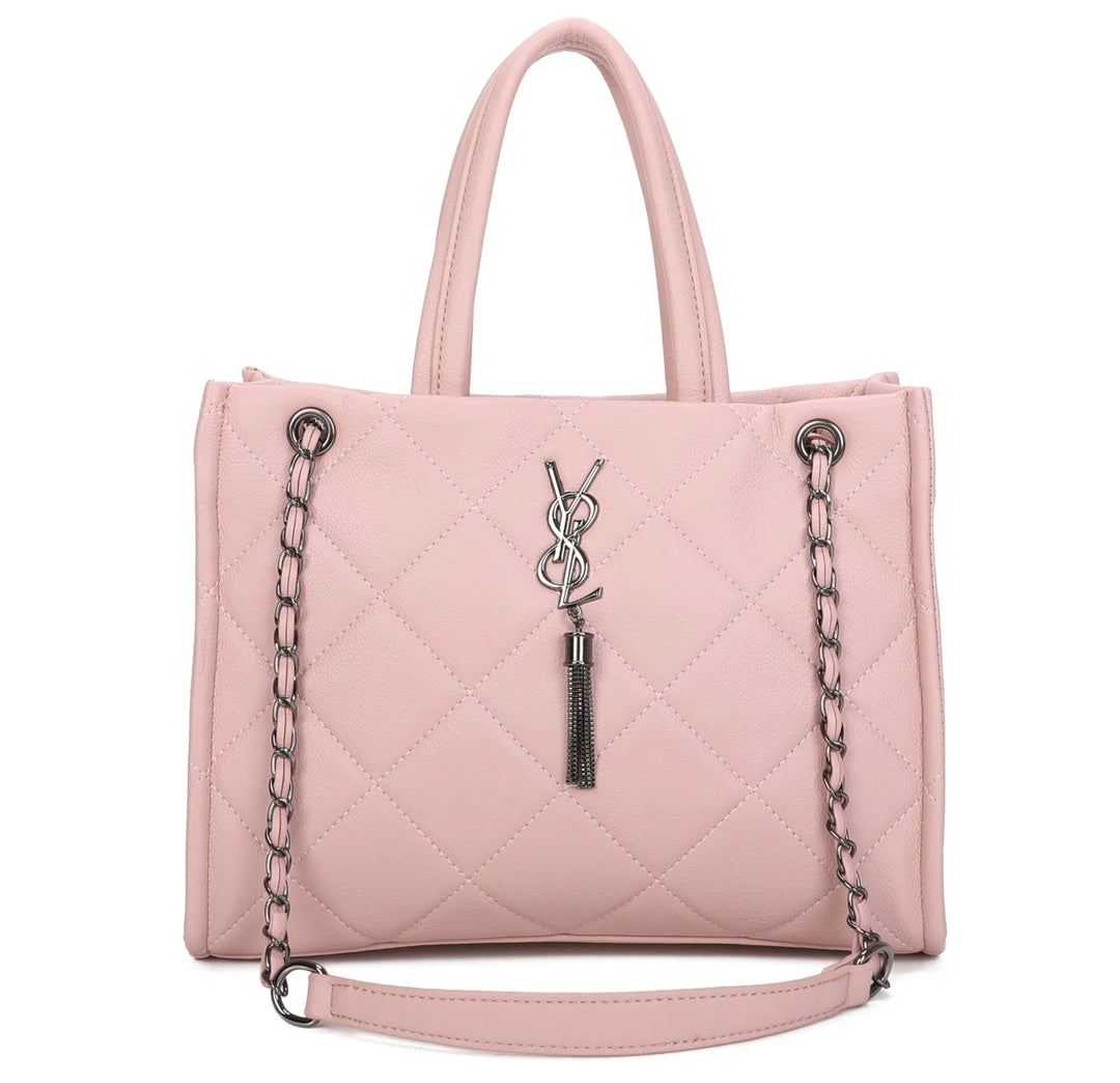 Pink quilted handbag shoulder bag with chain detail and inspired buckle 