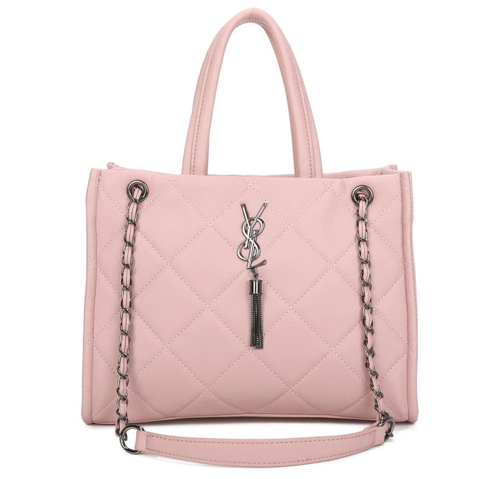 Pink quilted handbag shoulder bag with chain detail and inspired buckle 