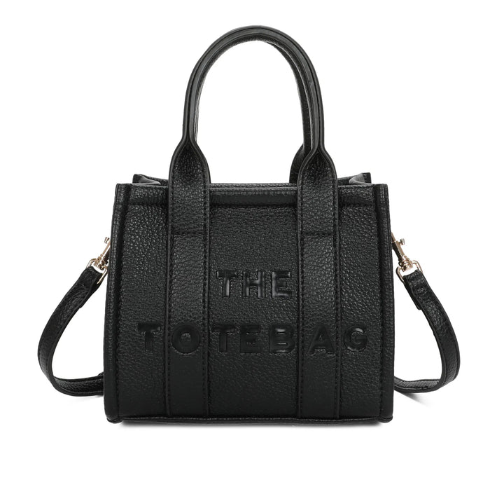 A black  mini tote bag with &