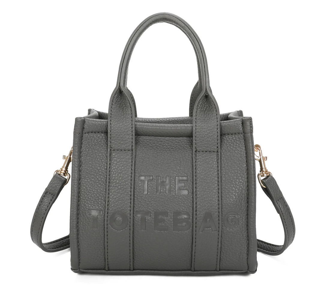 A grey mini tote bag with &