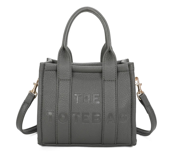 A grey mini tote bag with &