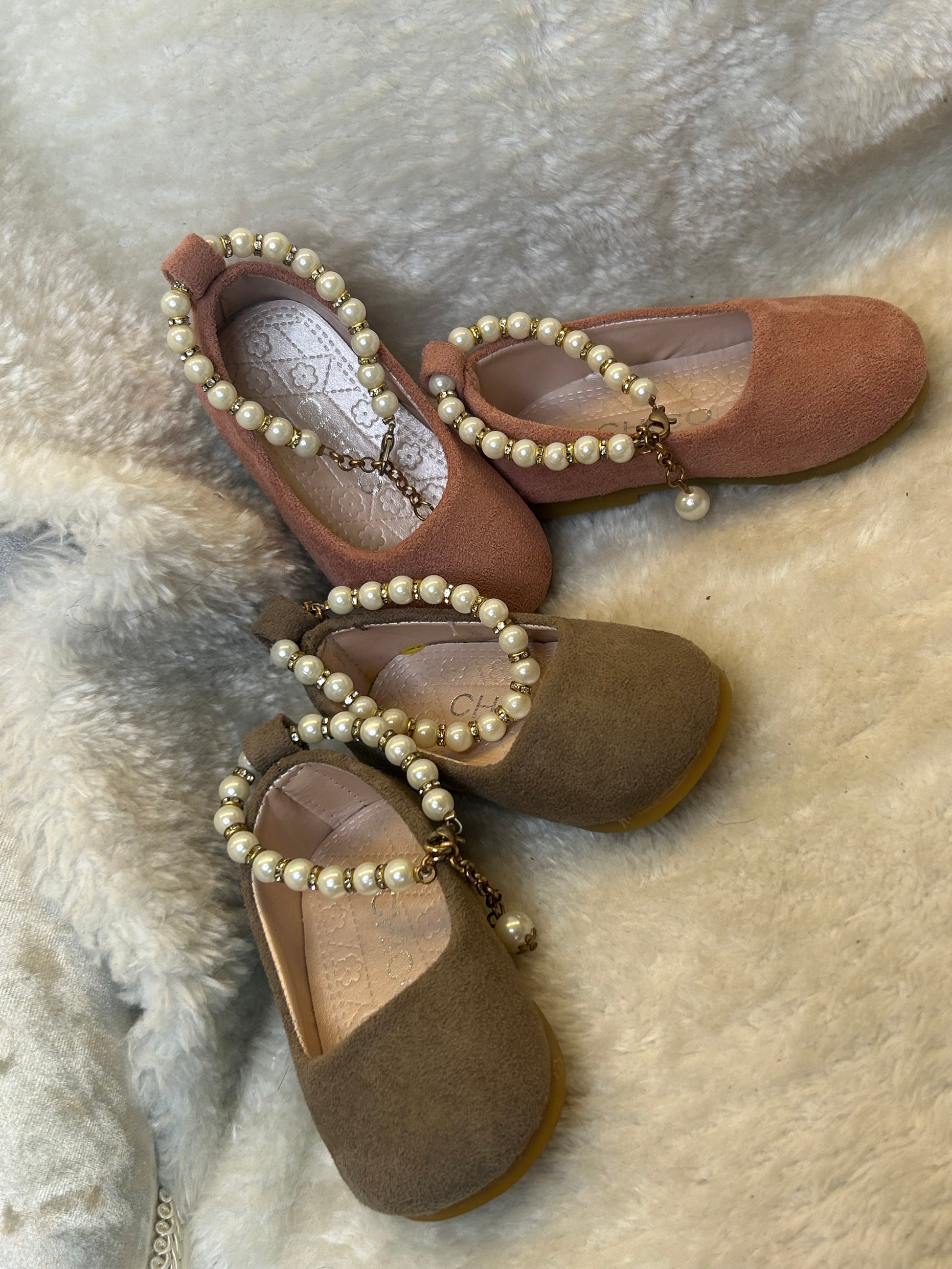 suede effect ballet shoes in pink and taupe with decorative pearl ankle straps