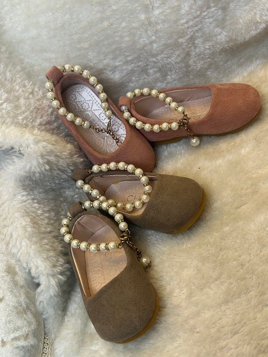suede effect ballet shoes in pink and taupe with decorative pearl ankle straps
