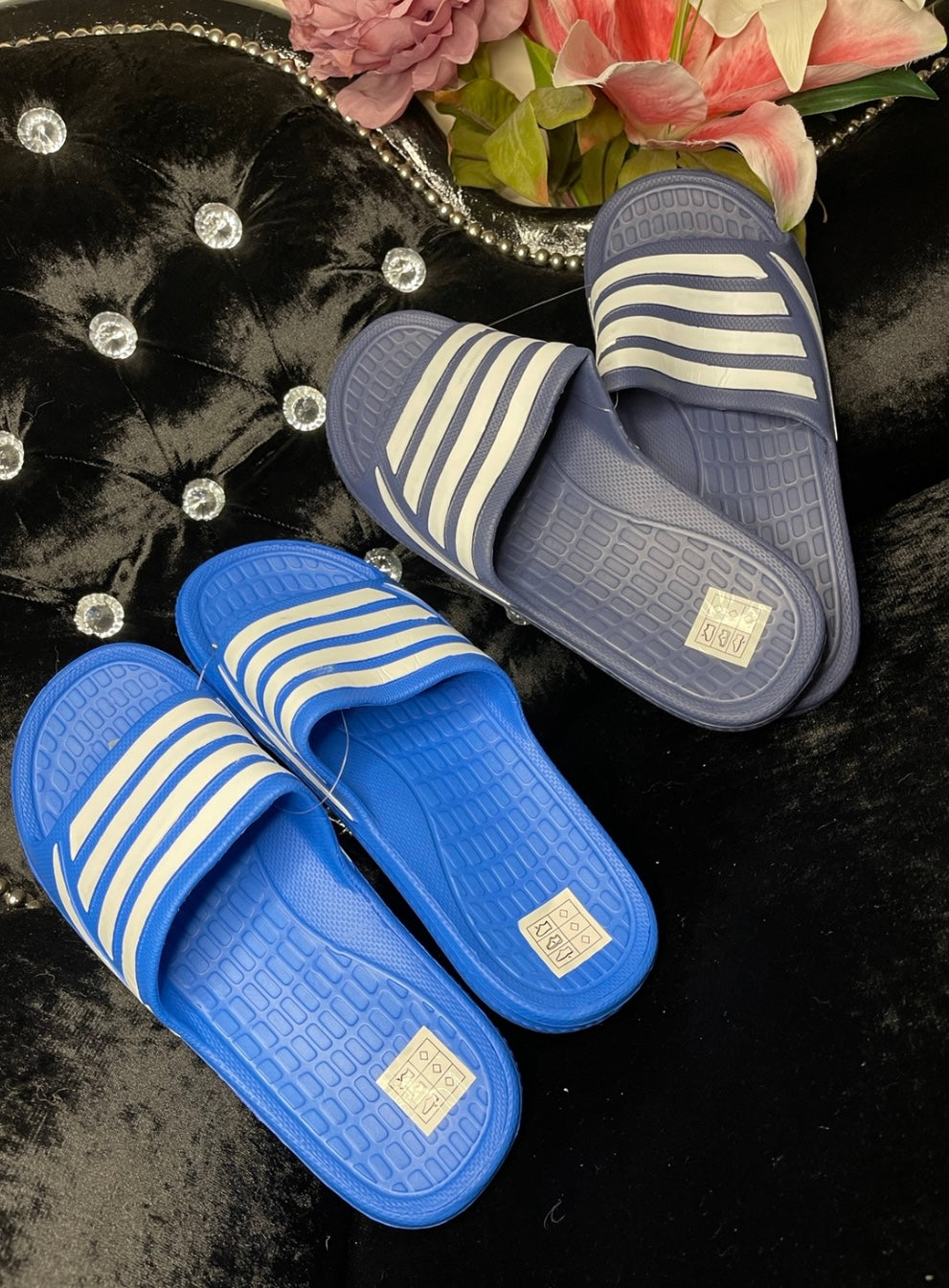 Mens blue slip on sliders with striped strap and cushioned sole