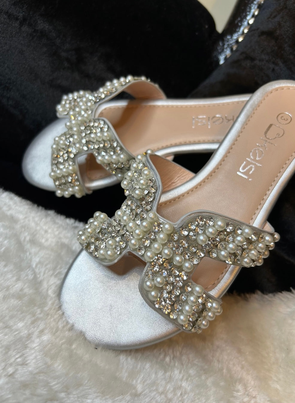 Crystal pearl embellished sliders