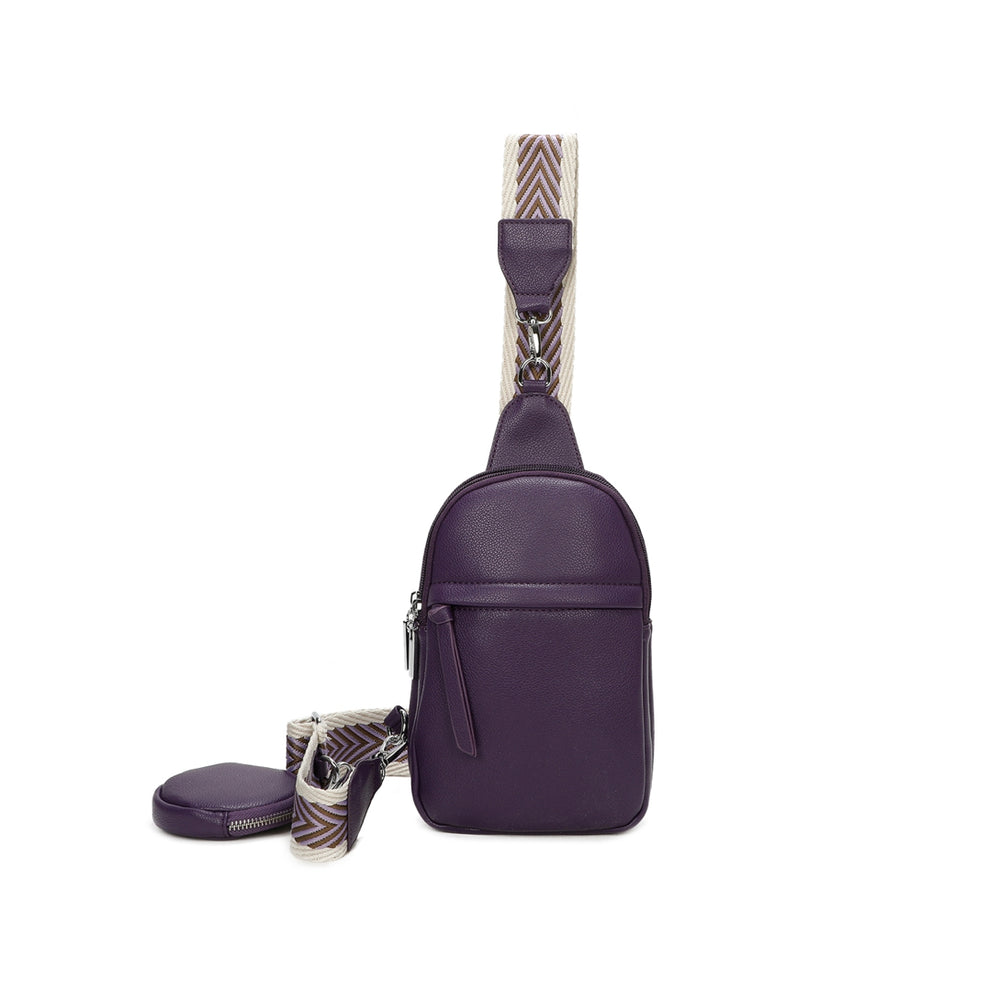Purple faux-leather crossbody bag with a chevron-patterned strap and small detachable coin pouch.