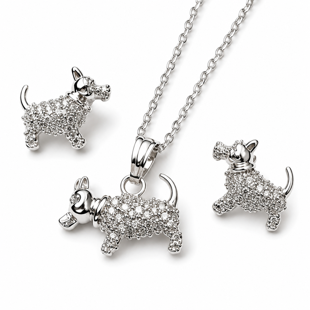 Silver crystal puppy necklace with matching stud earrings