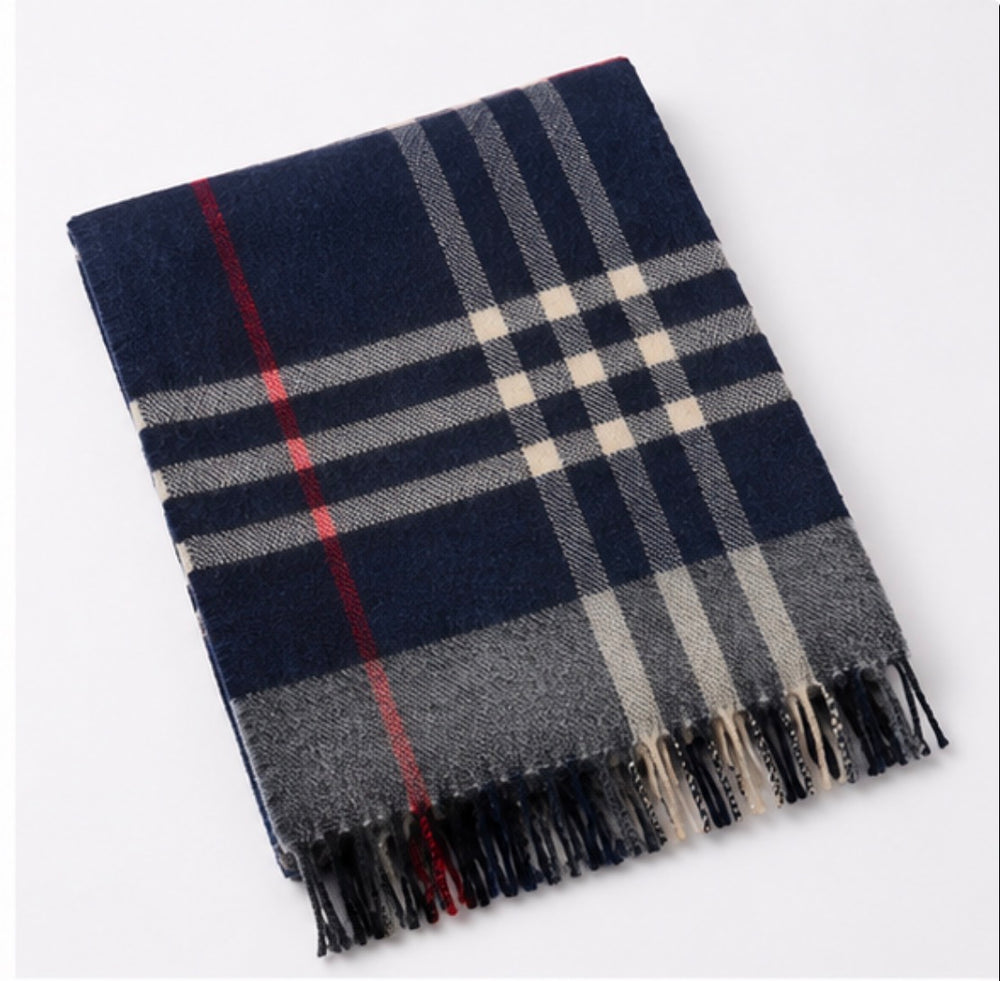 Navy check scarf with cream grey and red detailing and tasselled fringe ends