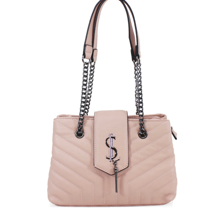 Beige quilted medium size handbag with metal hardware, chain straps and flap closure