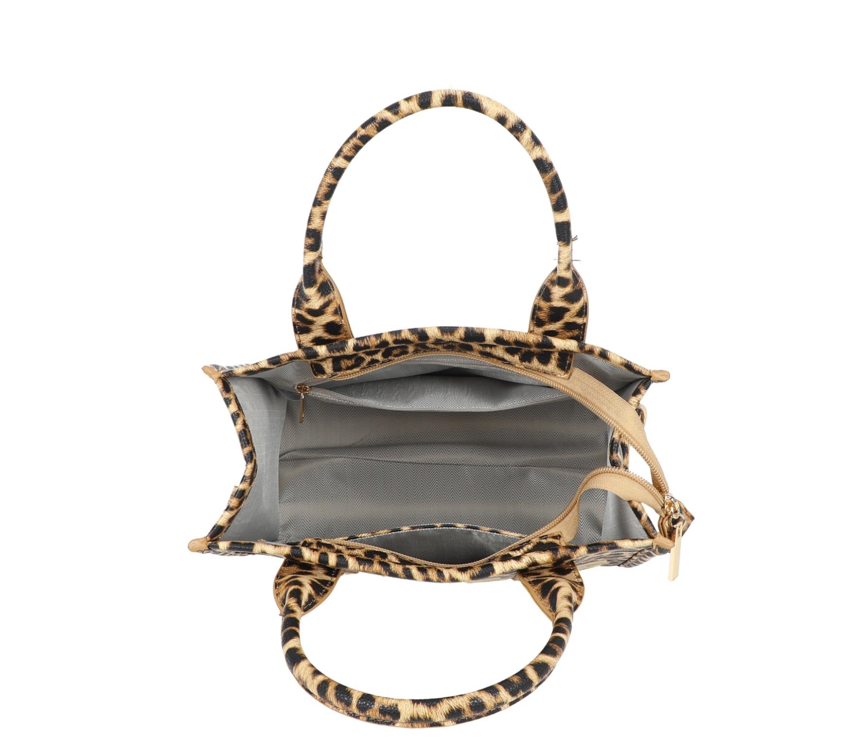 Leopard print tote bag with 'THE TOTE BAG' text with a adjustable detachable long strap