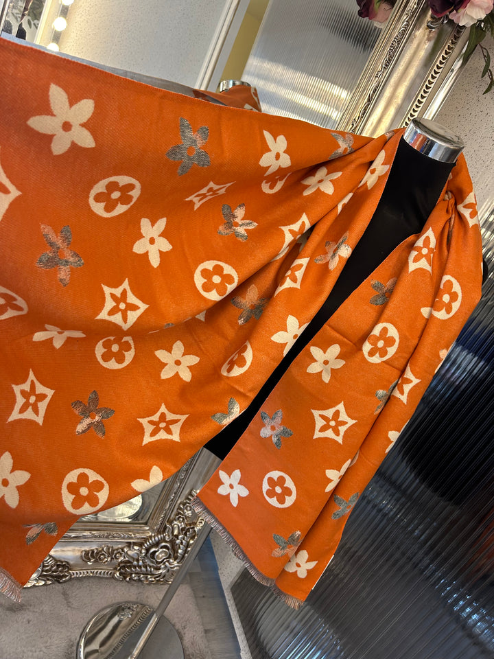 floral patterned scarf in orange and beige large flower monogram 