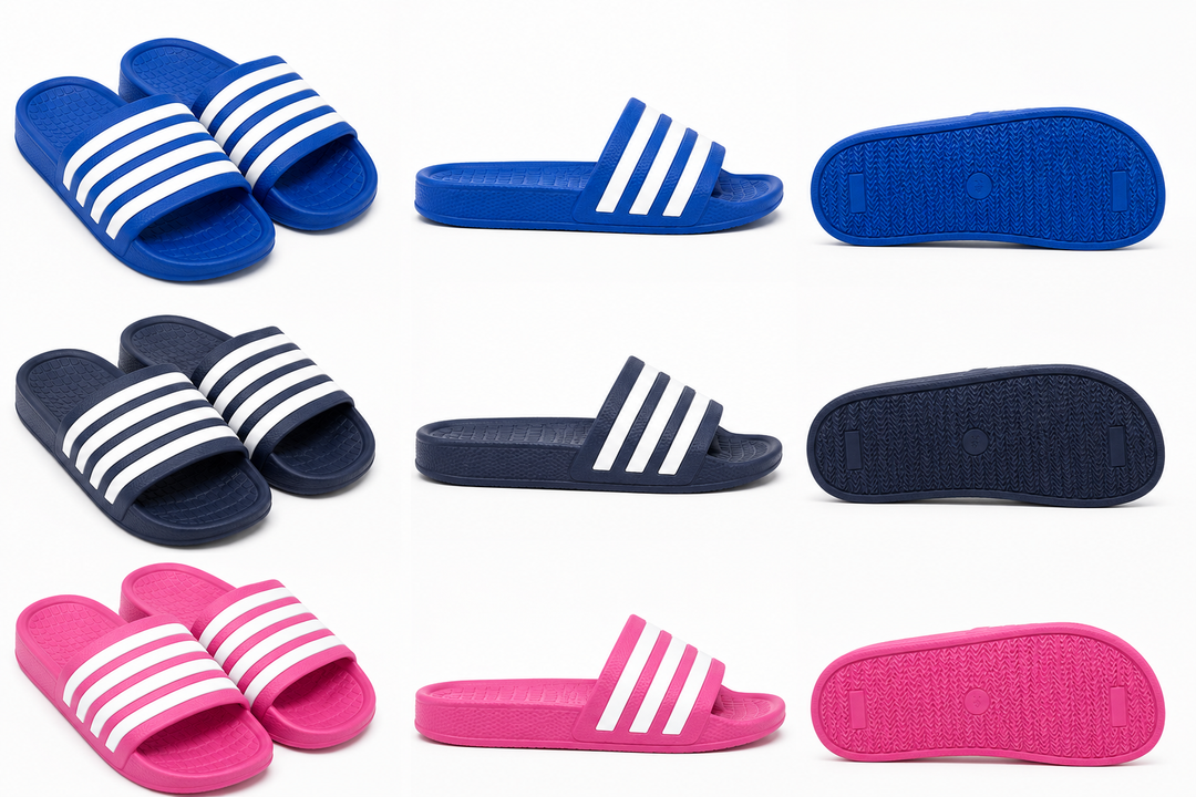 striped slider sandals available in blue, navy and pink with white stripe detail and textured sole.
