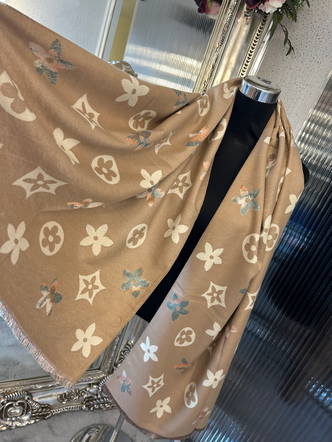 floral patterned scarf in dark beige and beige large flower monogram 