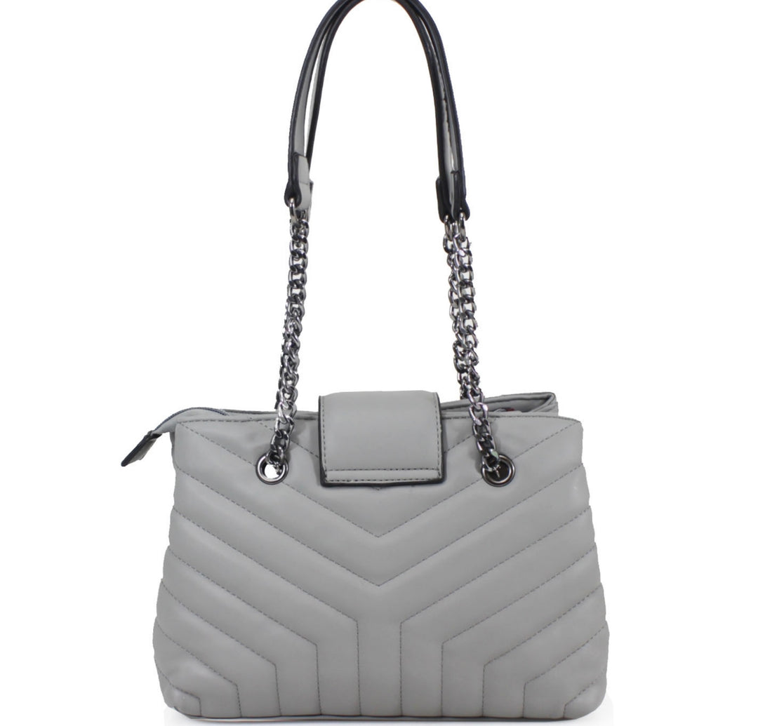 Grey quilted medium size handbag with metal hardware, chain straps and flap closure