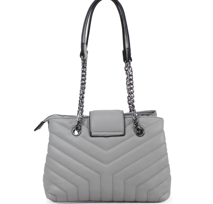 Grey quilted medium size handbag with metal hardware, chain straps and flap closure
