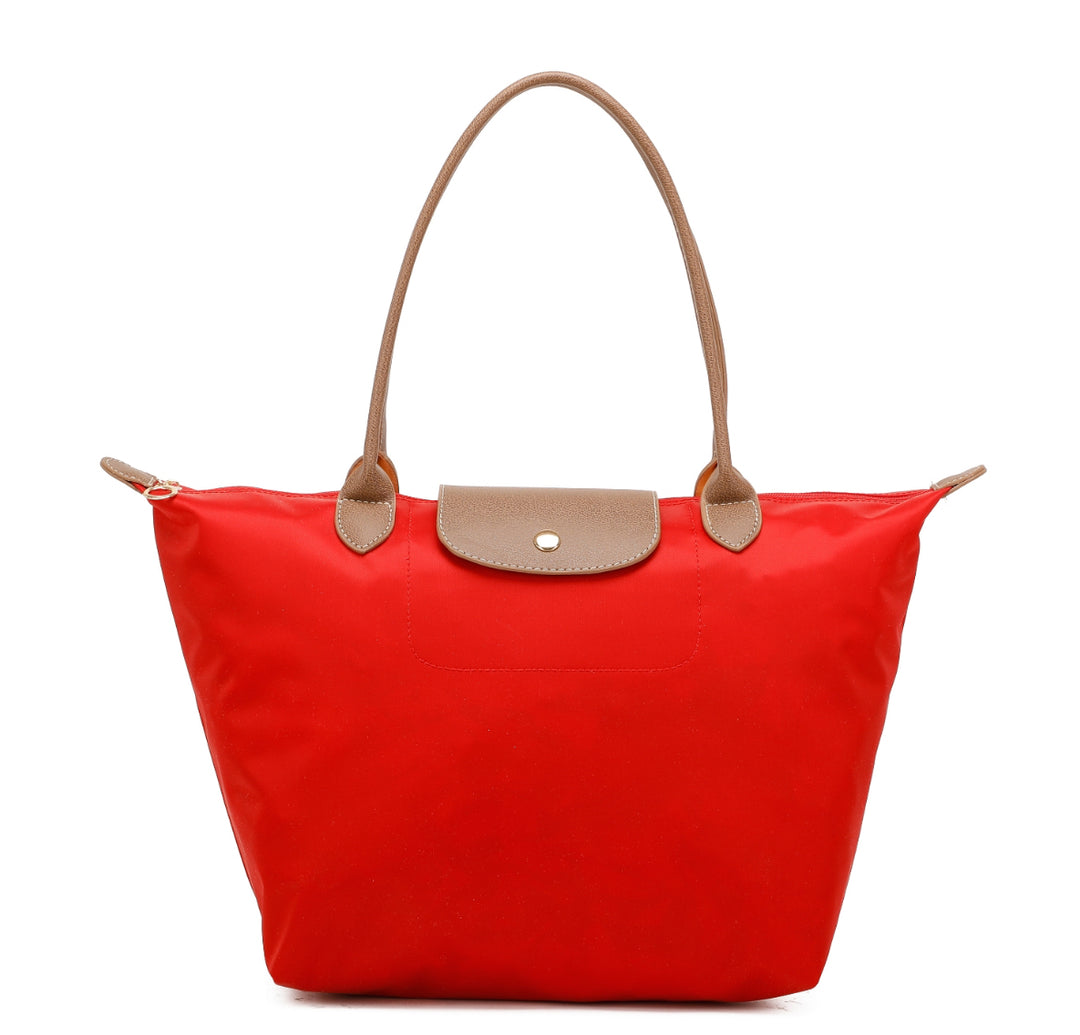Red handbag with brown handles and flap