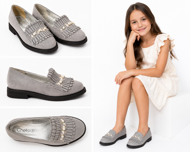Grey girls suede loafers with pearl and diamanté fringe detail