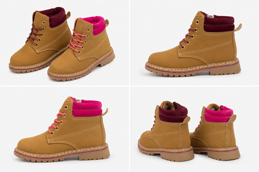 Girls camel lace-up ankle boots with burgundy or hot pink padded collar and matching laces