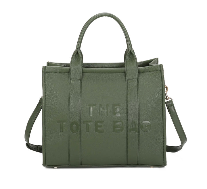 A green tote bag with embossed ‘The Tote Bag’ text, structured design with top handles and detachable shoulder strap