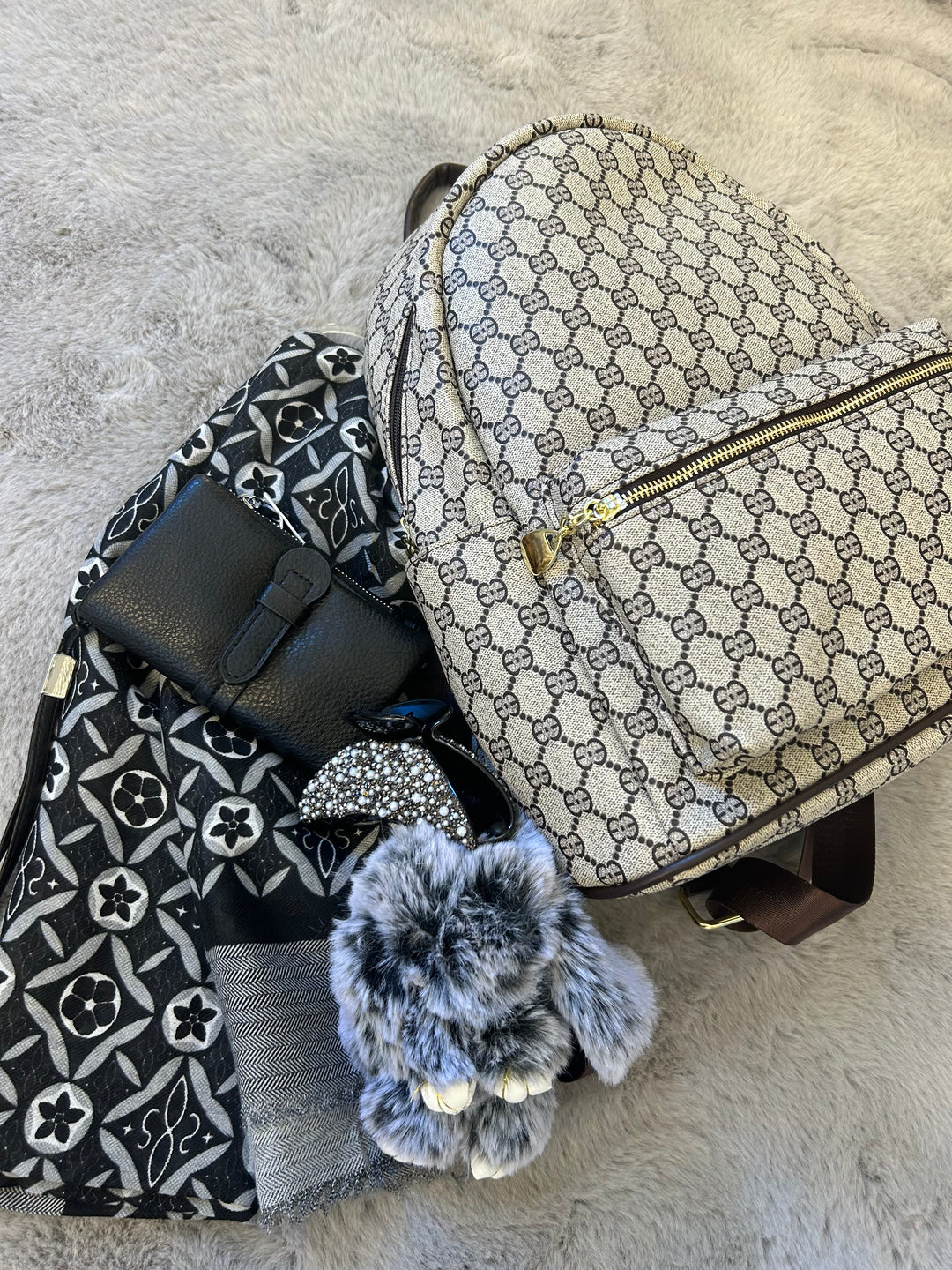 Rucksack backpack handbag bundle, with scarf, keyring, purse and hair clip. 