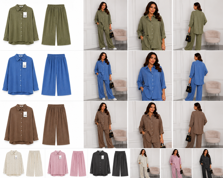 Collage of outfits with shirts and wide-leg pants in various colors.