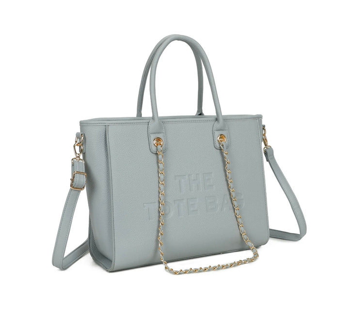 Light gray handbag with gold chain detail 