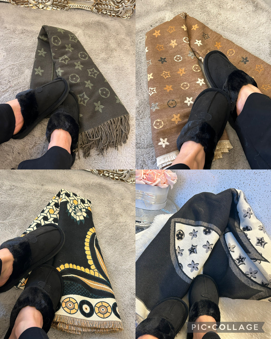 Black slip on slippers with colourful scarves 