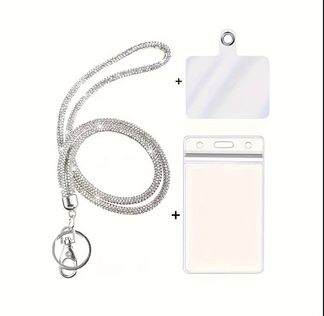 Crystal rhinestone lanyard with holographic sparkle finish and key clip