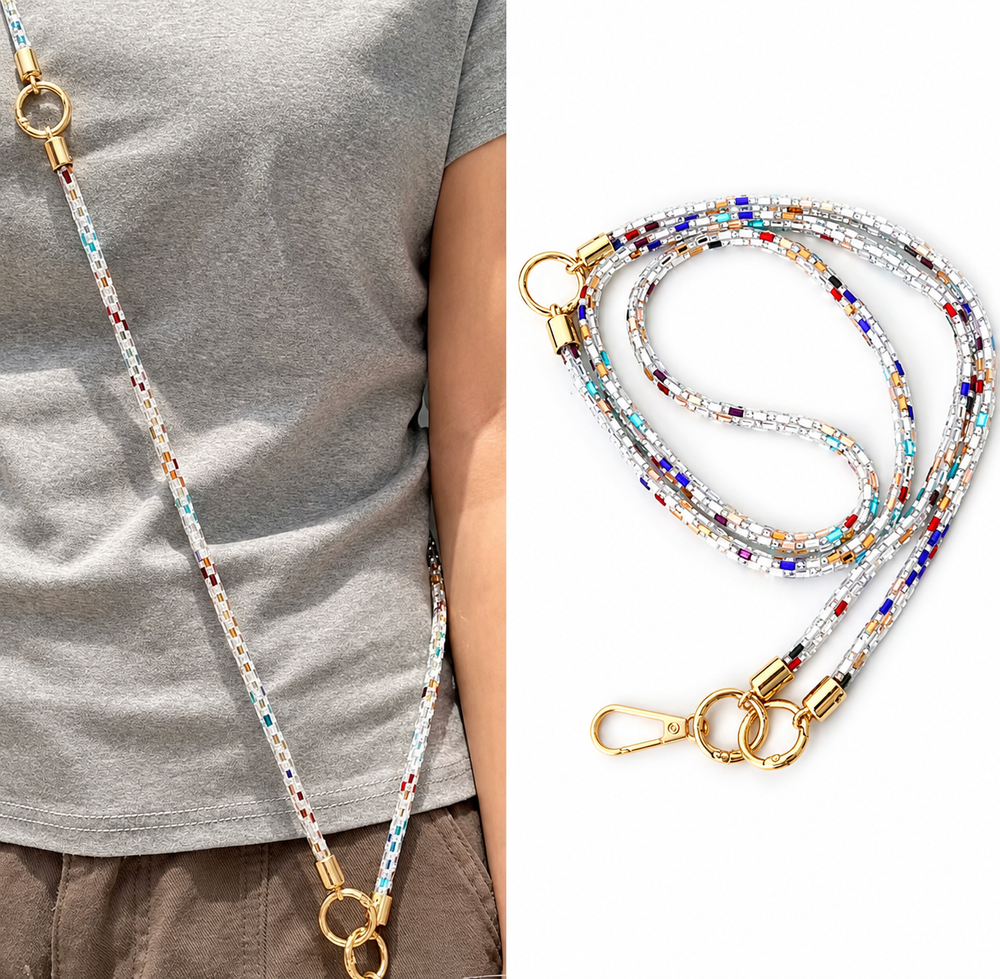 Multicoloured crystal phone lanyard strap with gold-tone clips and phone case attachment