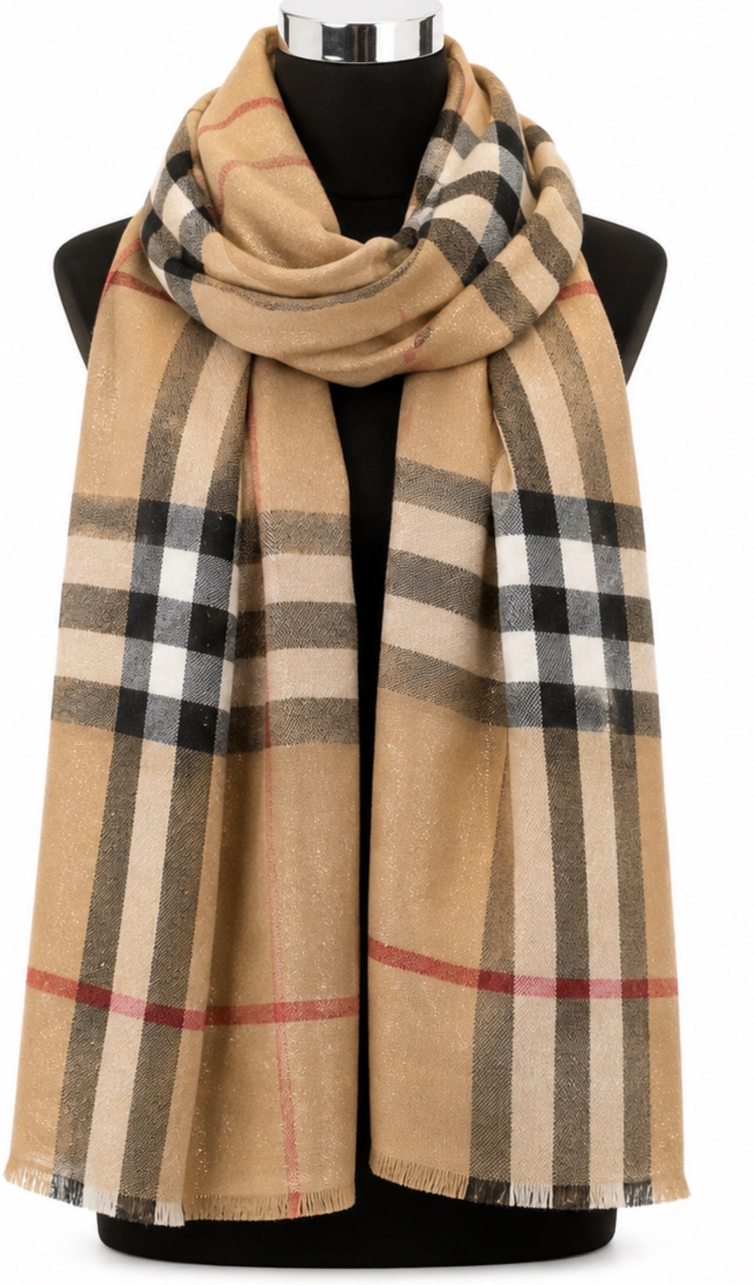 Beige sparkle check woven scarf with black, cream and red detailing and fine fringed edges.