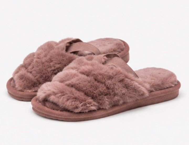 Pink fluffy cross strap slippers with open toe style and elastic heel strap
