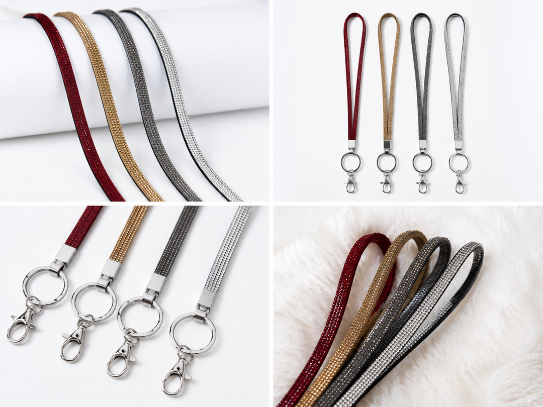 Crystal sparkle lanyards in red, gold, grey and silver with silver-tone keyring and clasp attachments.
