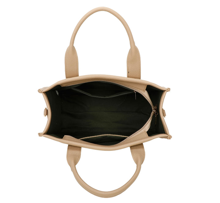 A beige tote bag with embossed ‘The Tote Bag’ text, structured design with top handles and detachable shoulder strap
