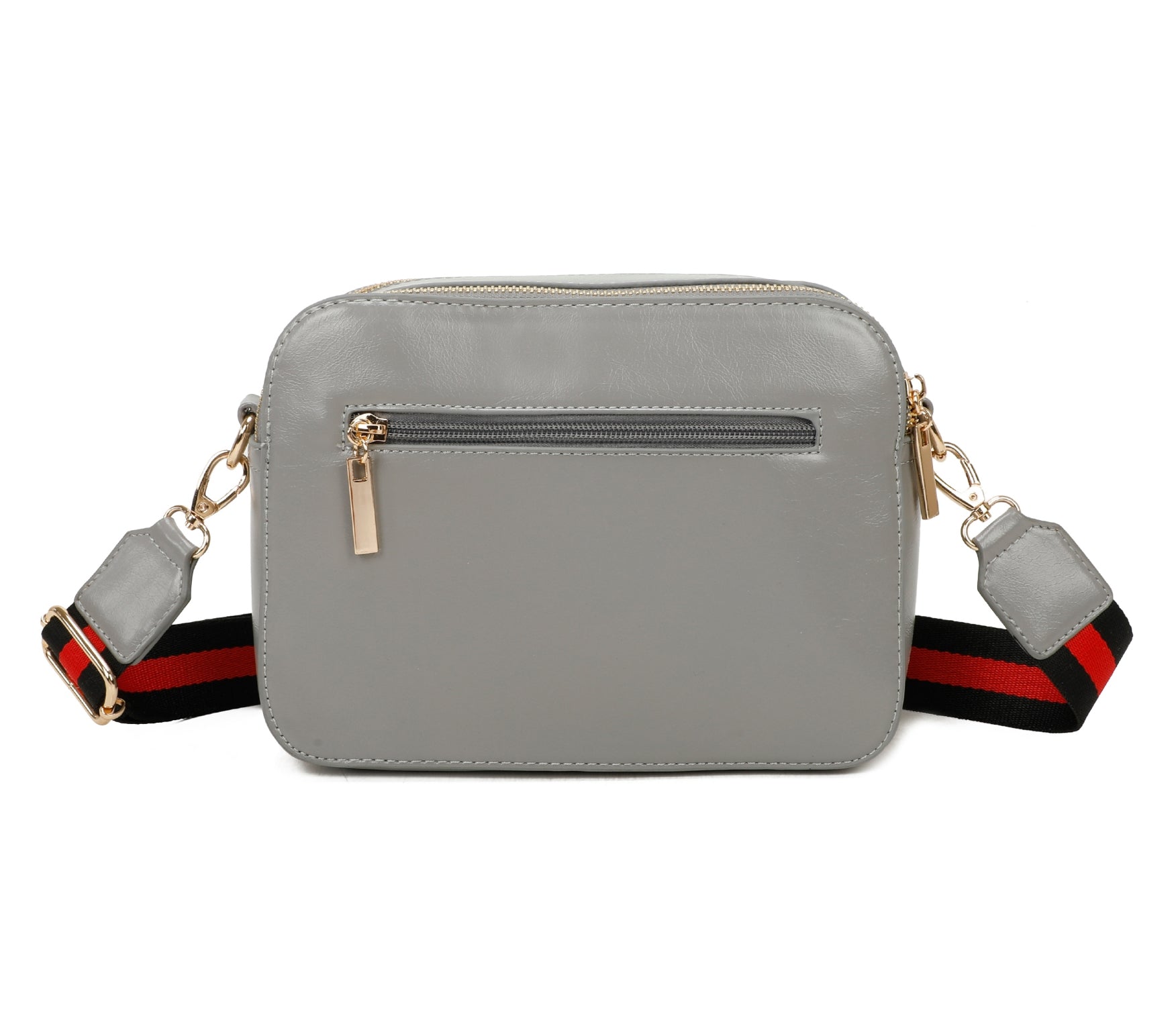 Gray crossbody bag with a colorful strap on a white background