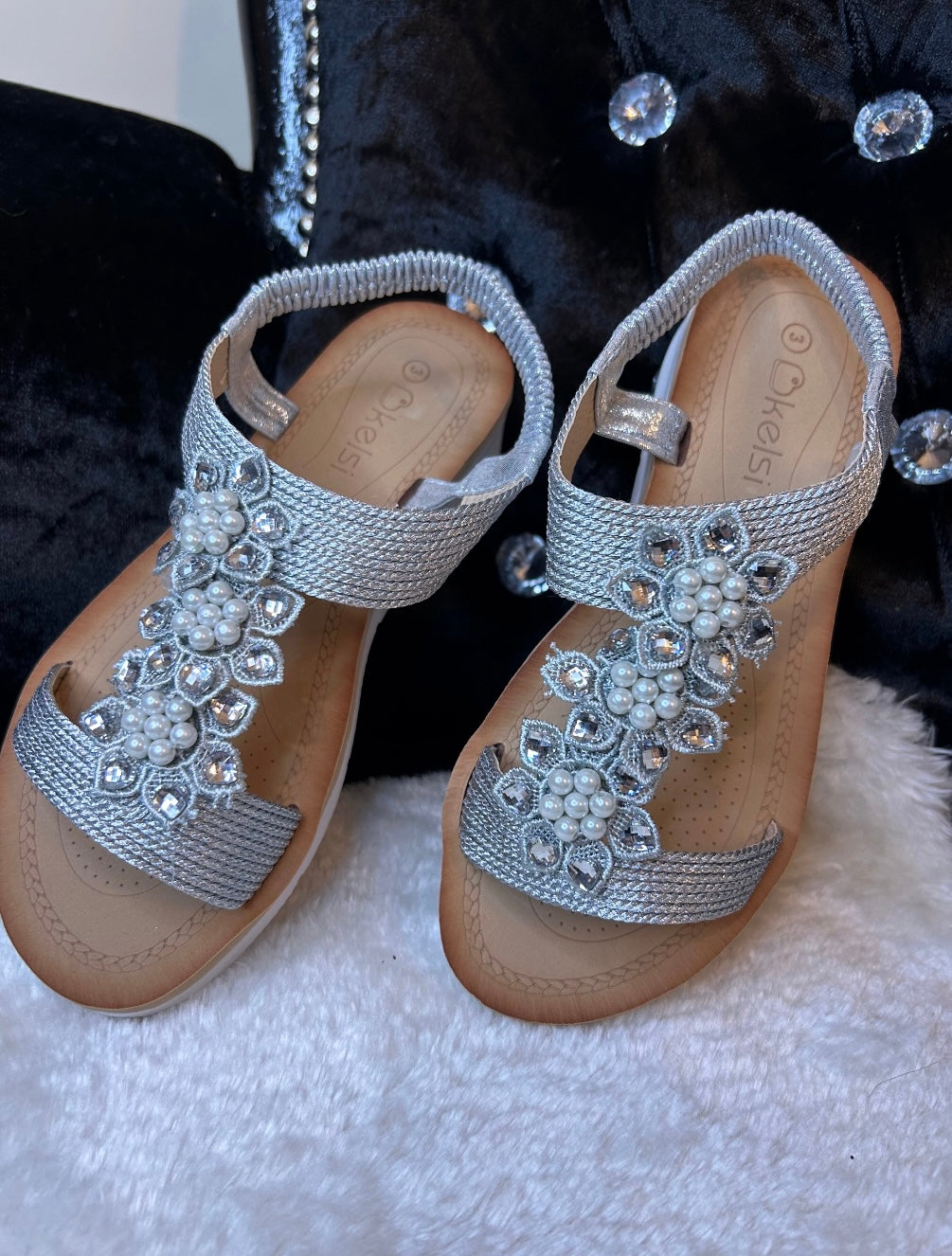 Silver embellished flat sandals with crystal and pearl detailing
