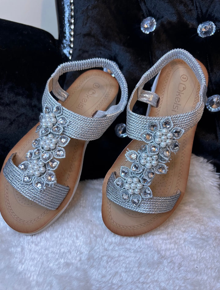 Silver embellished flat sandals with crystal and pearl detailing