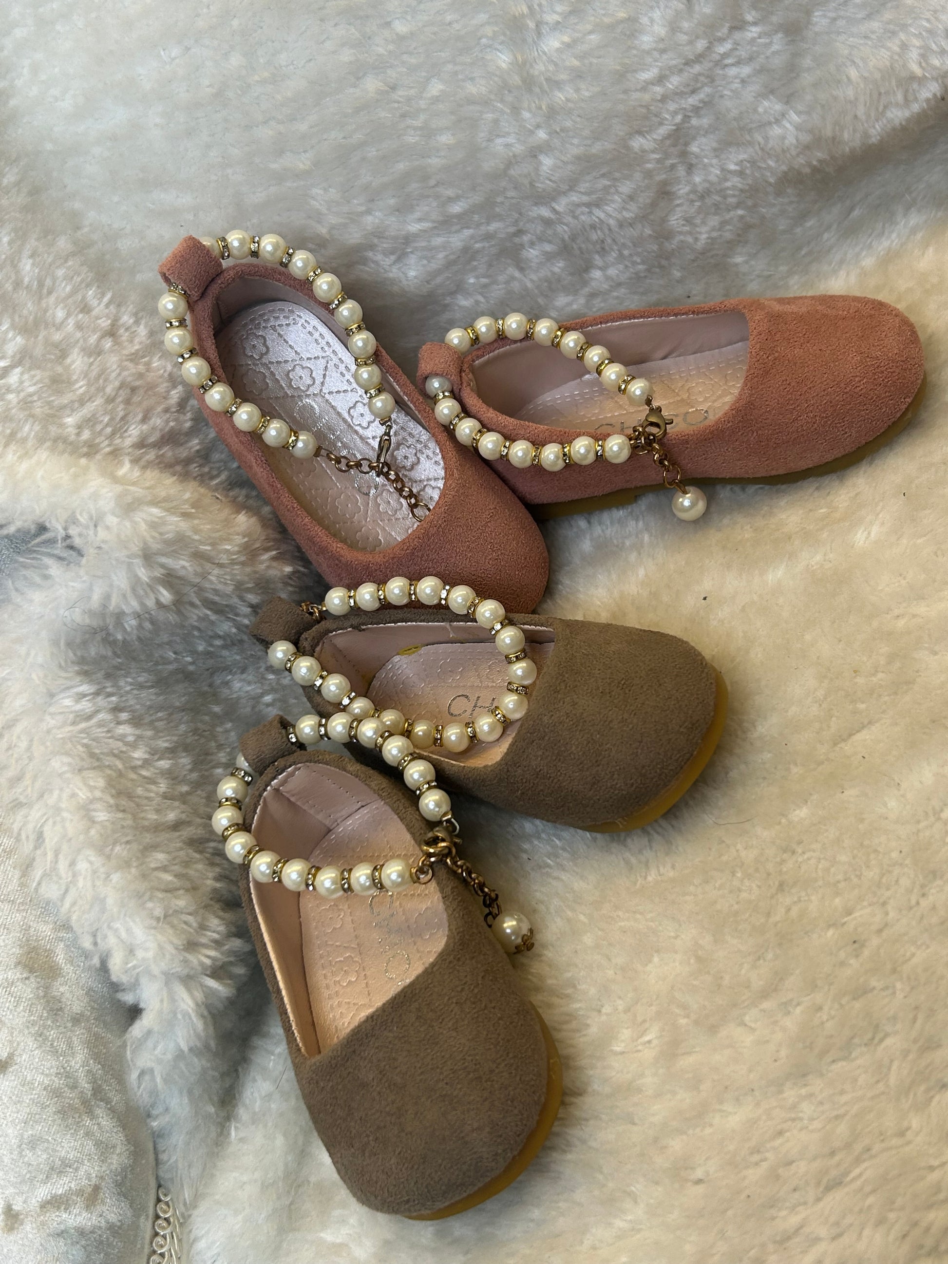 suede effect ballet shoes in pink and taupe with decorative pearl ankle straps