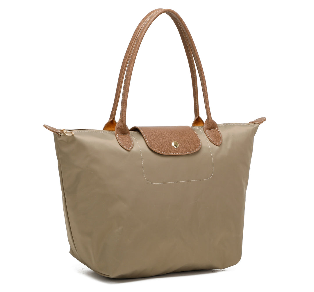 Beige handbag with brown handles and trim on a white background