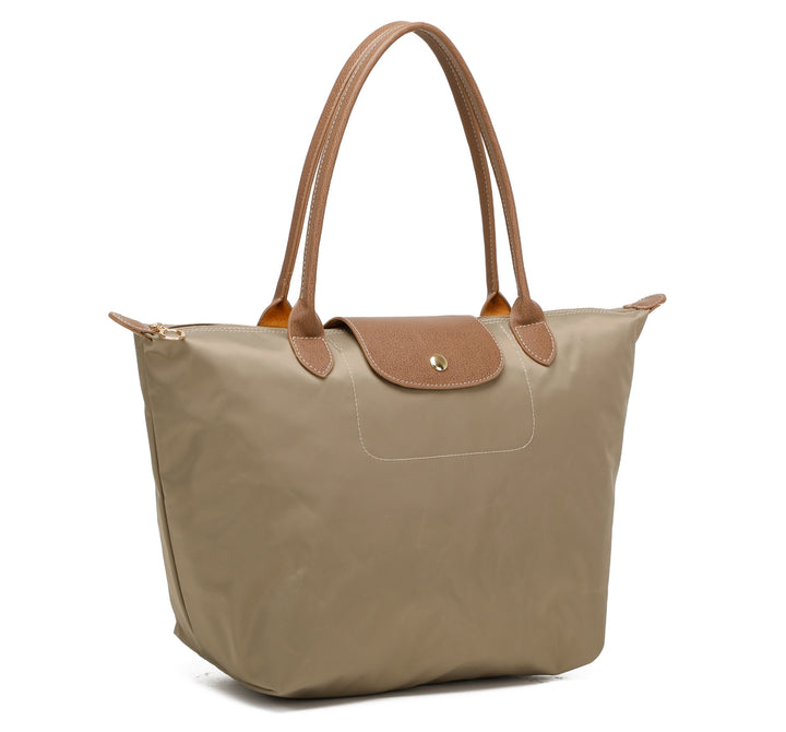 Beige handbag with brown handles and trim on a white background