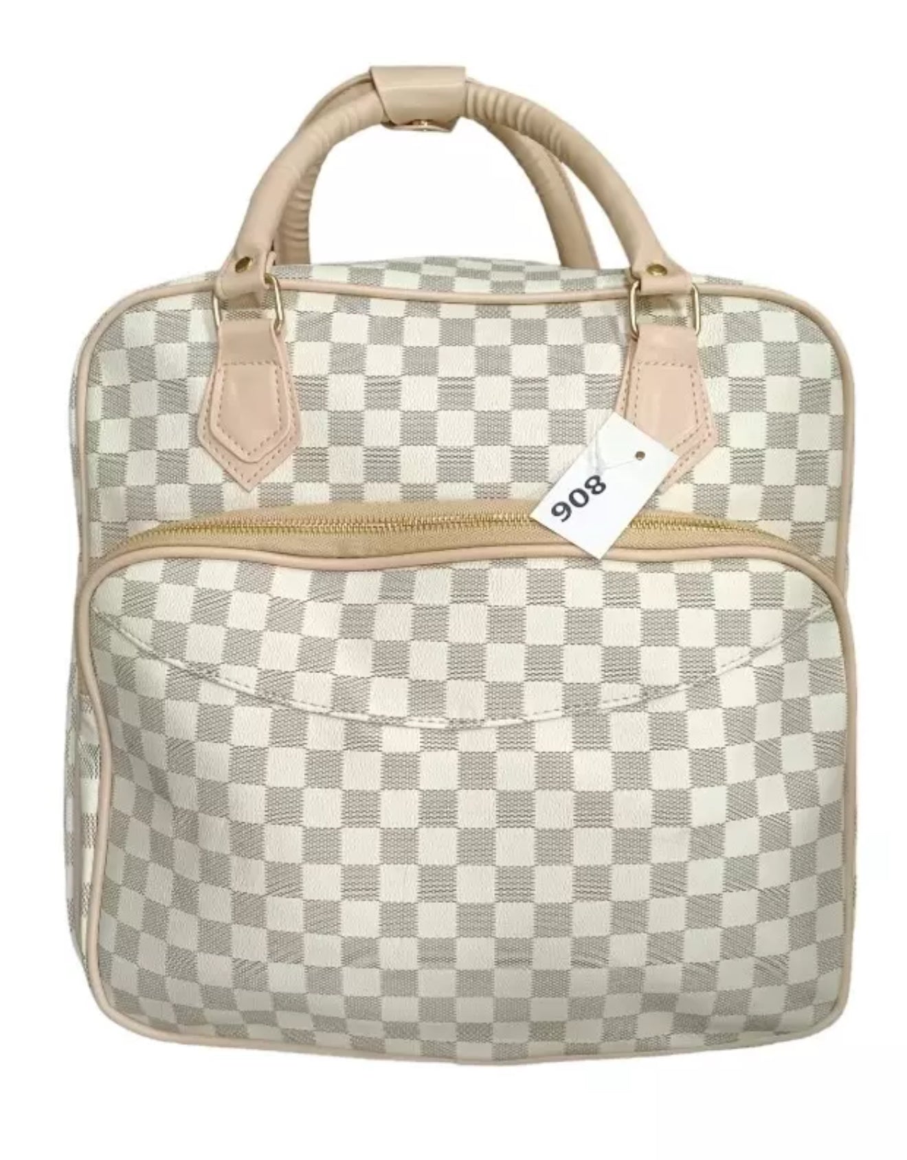 Beige checkered bags/ luggage bag with different coloured handles 