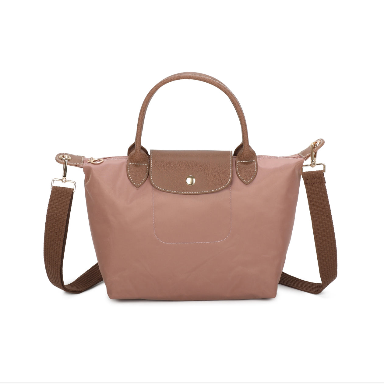 Pink handbag with brown accents